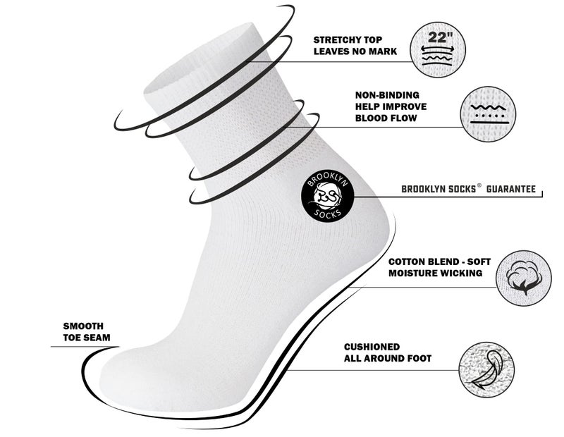 Brooklyn Socks 6 Pairs of Premium Diabetic Cotton Quarter Length Athletic Sport Ankle Socks (White, 10-13) - Image 2